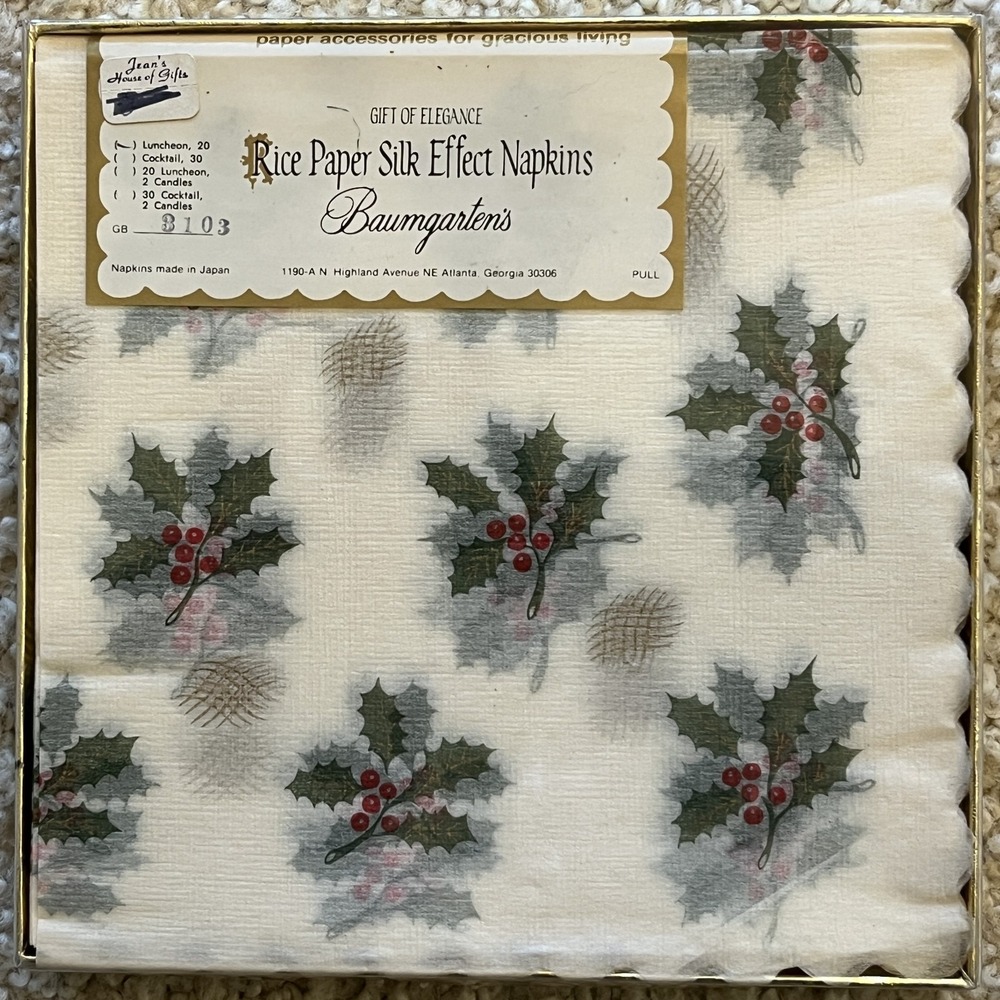 Baumgarten's Vintage Christmas Holly Rice Paper Silk Effect Napkins 20ct NEW